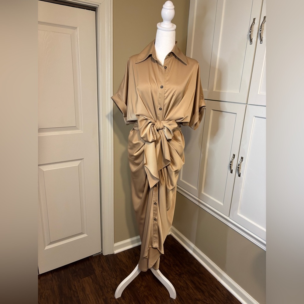 Mable Button Down Ruched Tie Front Dress